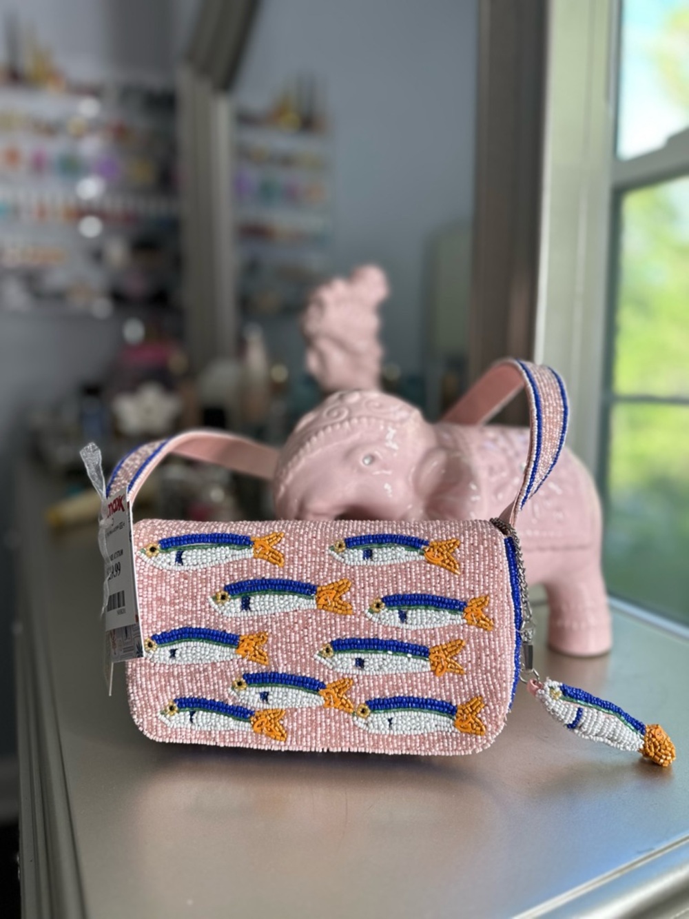 Beaded Pink Sardine Shoulder Handbag with Charm